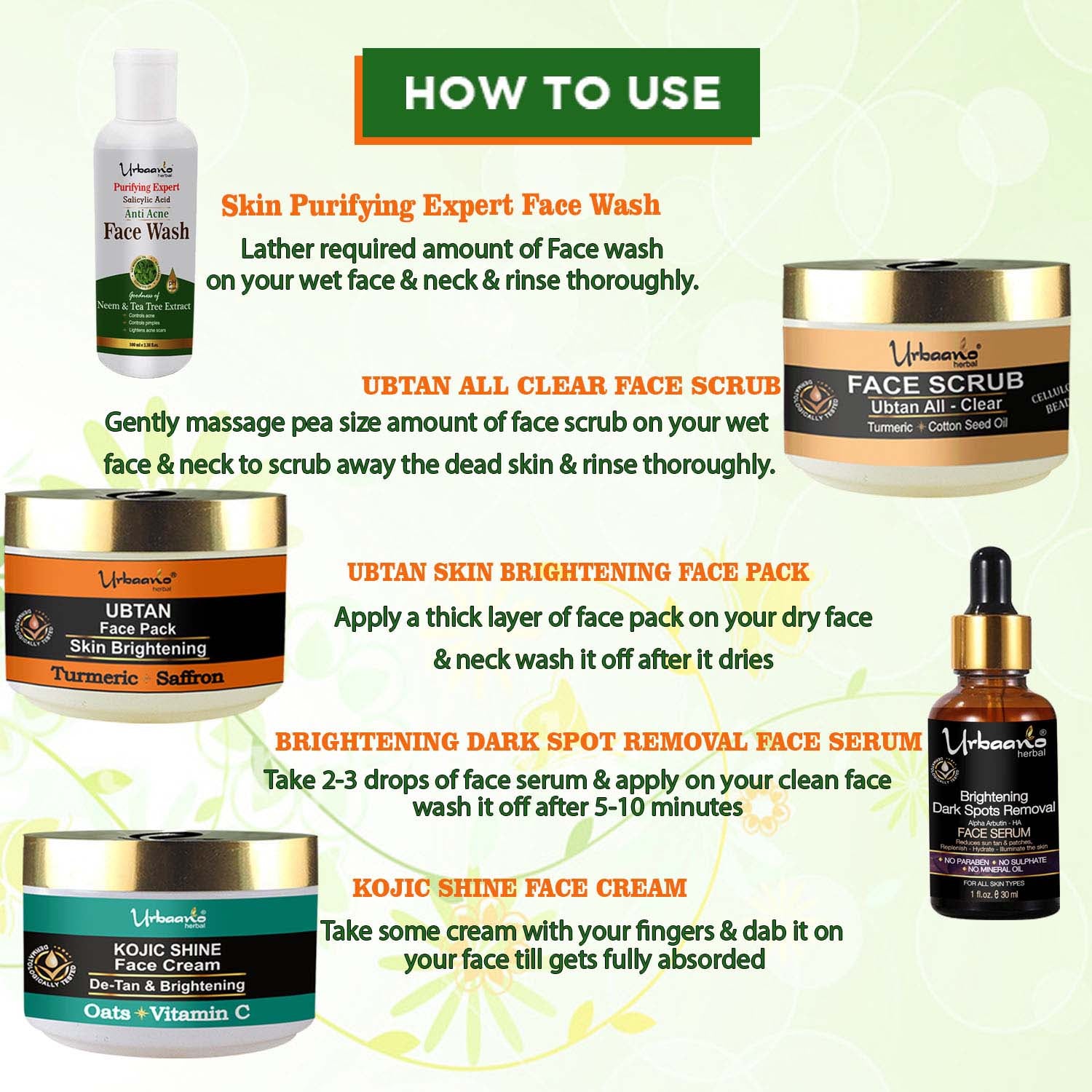 urbaano herbal de tan anti acne facial kit for bright glow anti acne face wash, scrub, pack, cream, serum easy to use in 5 steps