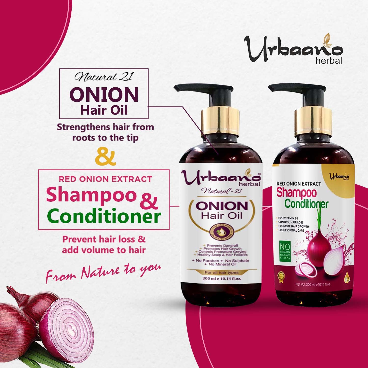urbaano herbal hair care kit, onion hair oil & onion shampoo sulphate free for reducing hairfall