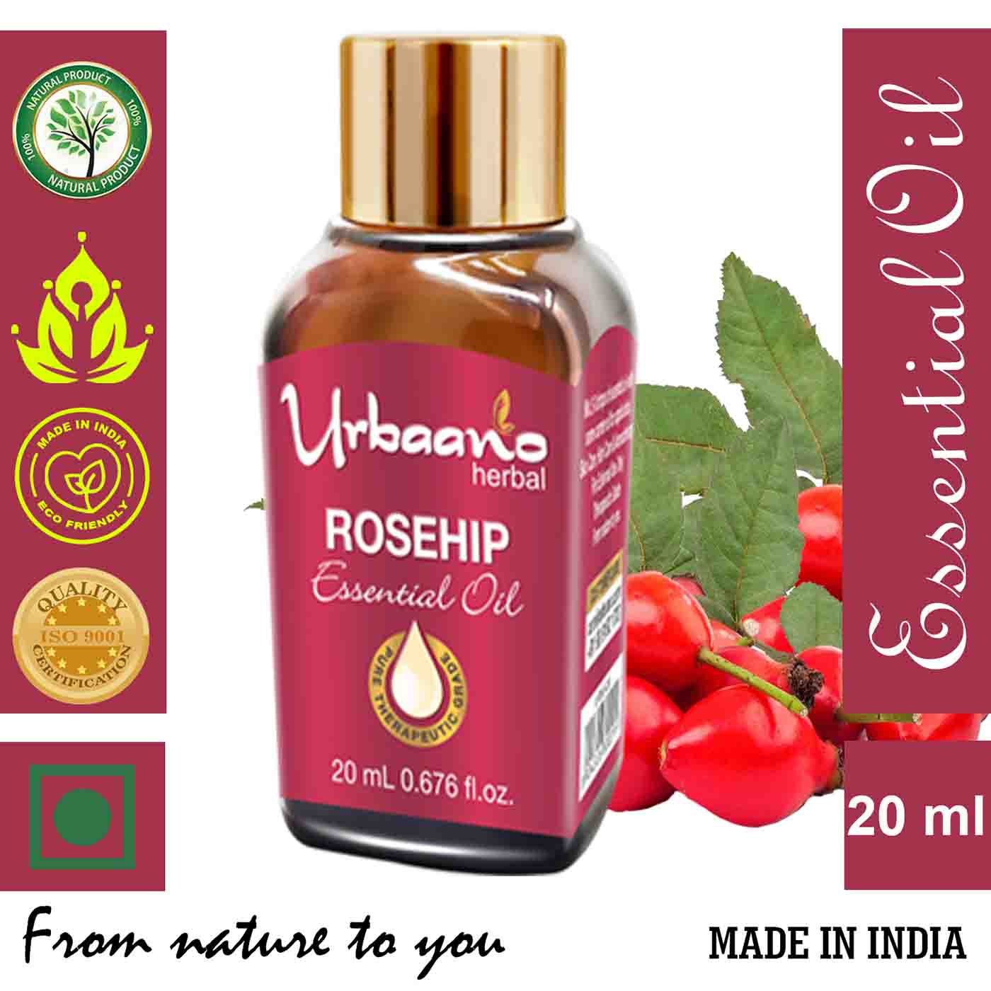 urbaano herbal rosehip essential oil, carrier oil, for skincare