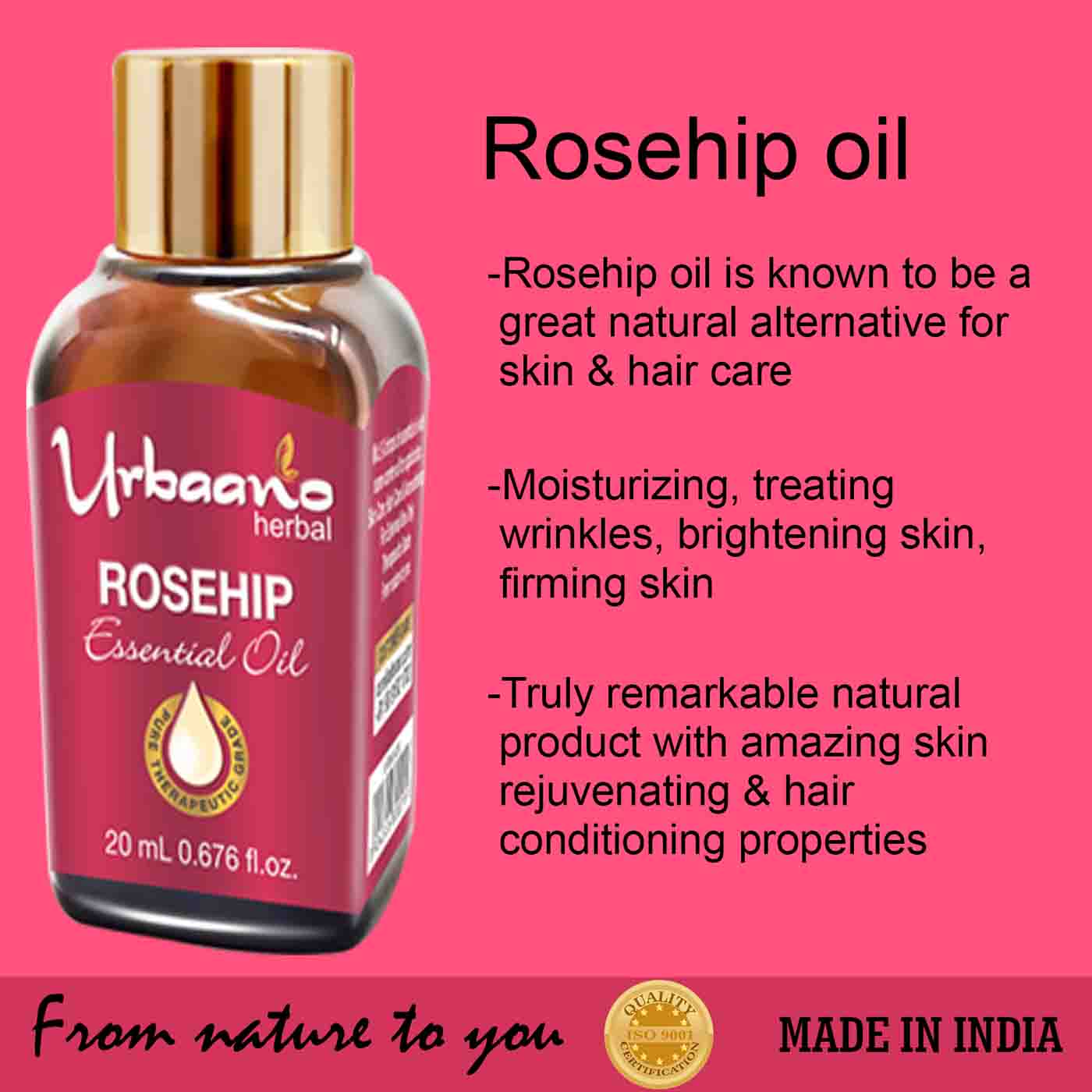 urbaano herbal rosehip essential oil, carrier oil, for skincare pure & natural