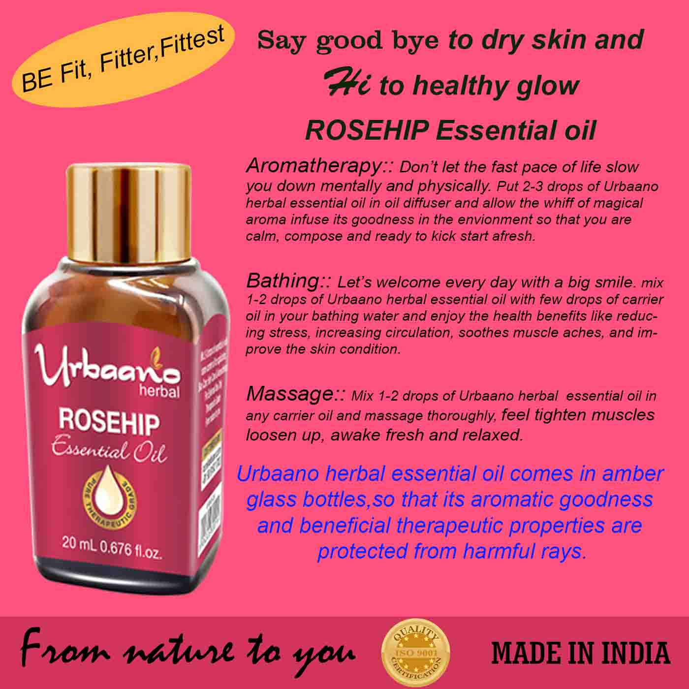 urbaano herbal rosehip essential oil, carrier oil, for skincare, aromatherapy