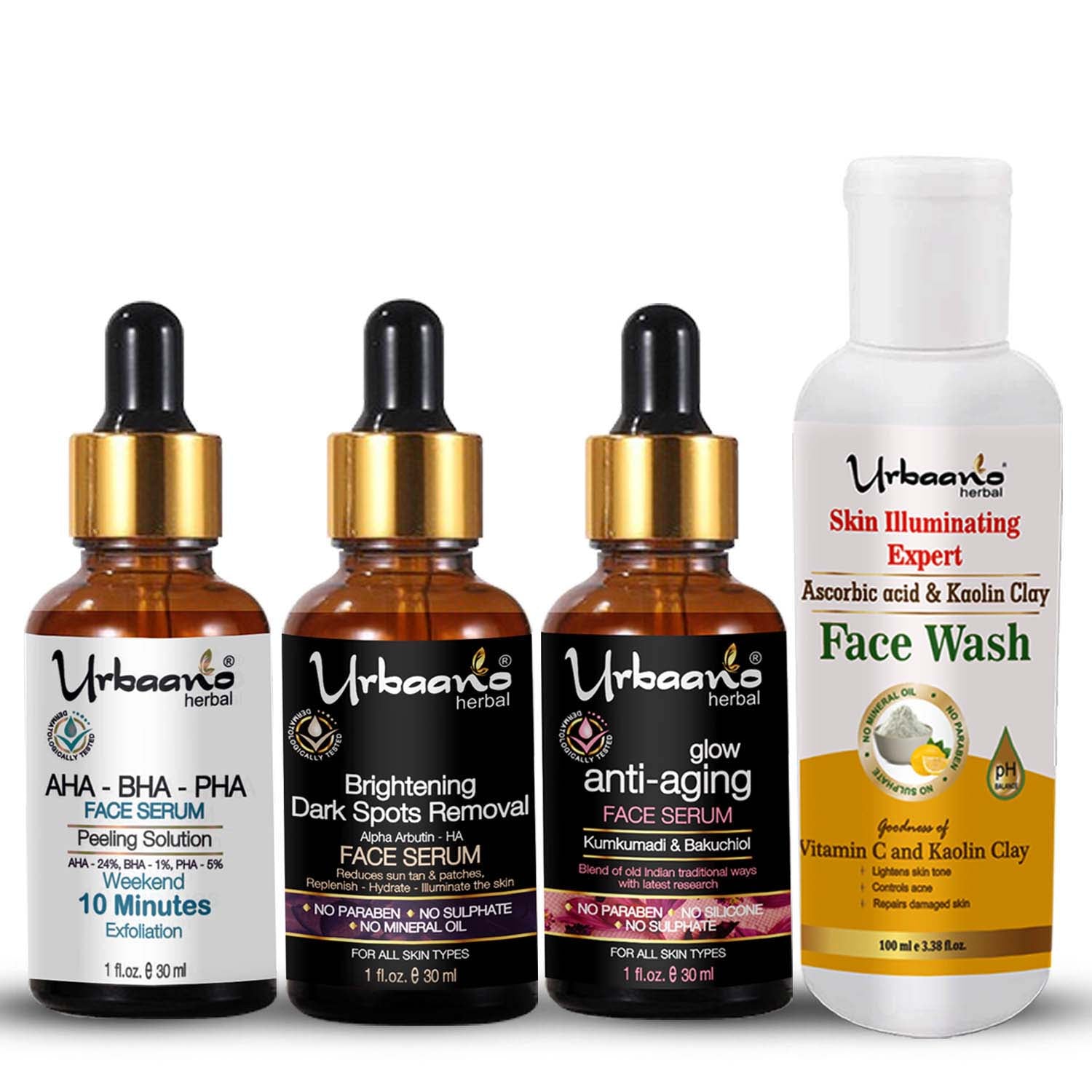 urbaano herbal depigmentation serum kit - Aha serum, vitamin c arbutin serum, kumkumadi tailam, vitamin c face wash
