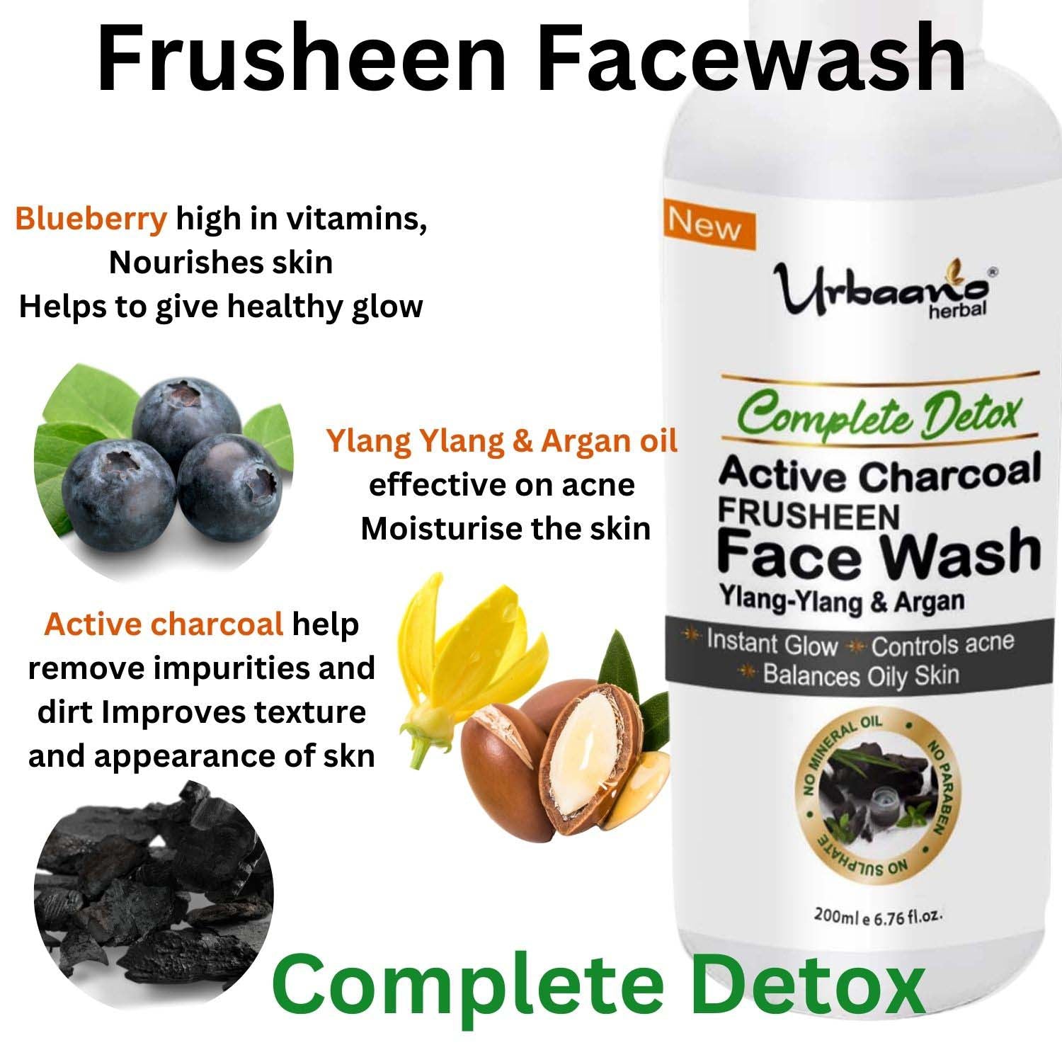 urbaano herbal aati acne charcoal frusheen face wash with blueberry, ylang ylang, argan oil