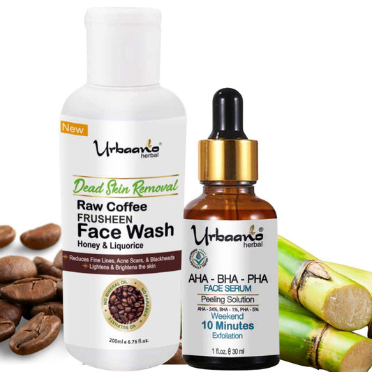 urbaano herbal frusheen sulphate free  face wash coffee & aha serum skincare combo for brightening, lightening, reduce dark spot, tan , fine lines,  
