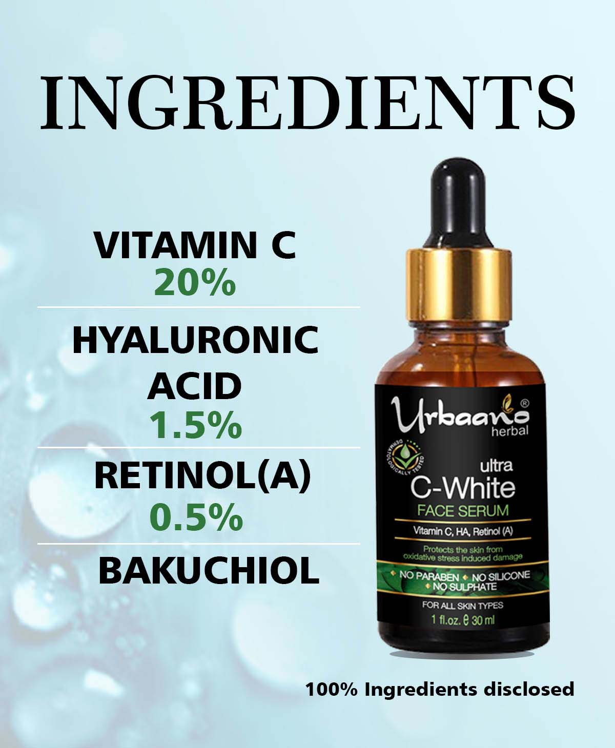 urbaano herbal vitamin c face serum with hyaluronic acid, retinol, bakuchiol for bright, firm nourished skin 