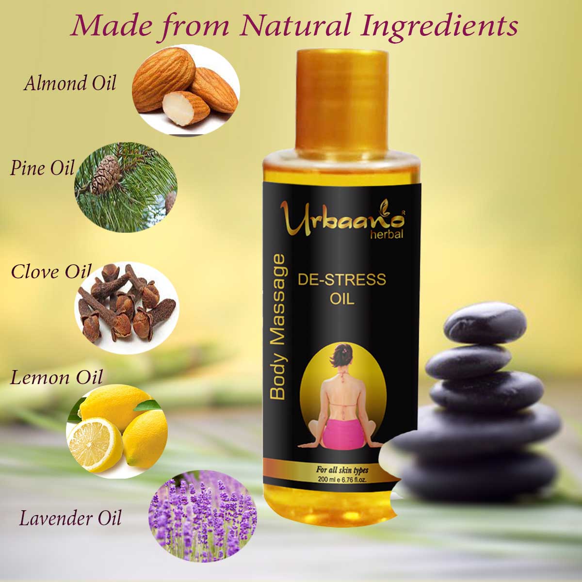 urbaano herbal de stress body massage has lmond, pine, clove, lemon, lavender oil to lighten, nourish, hydrate, firm skin