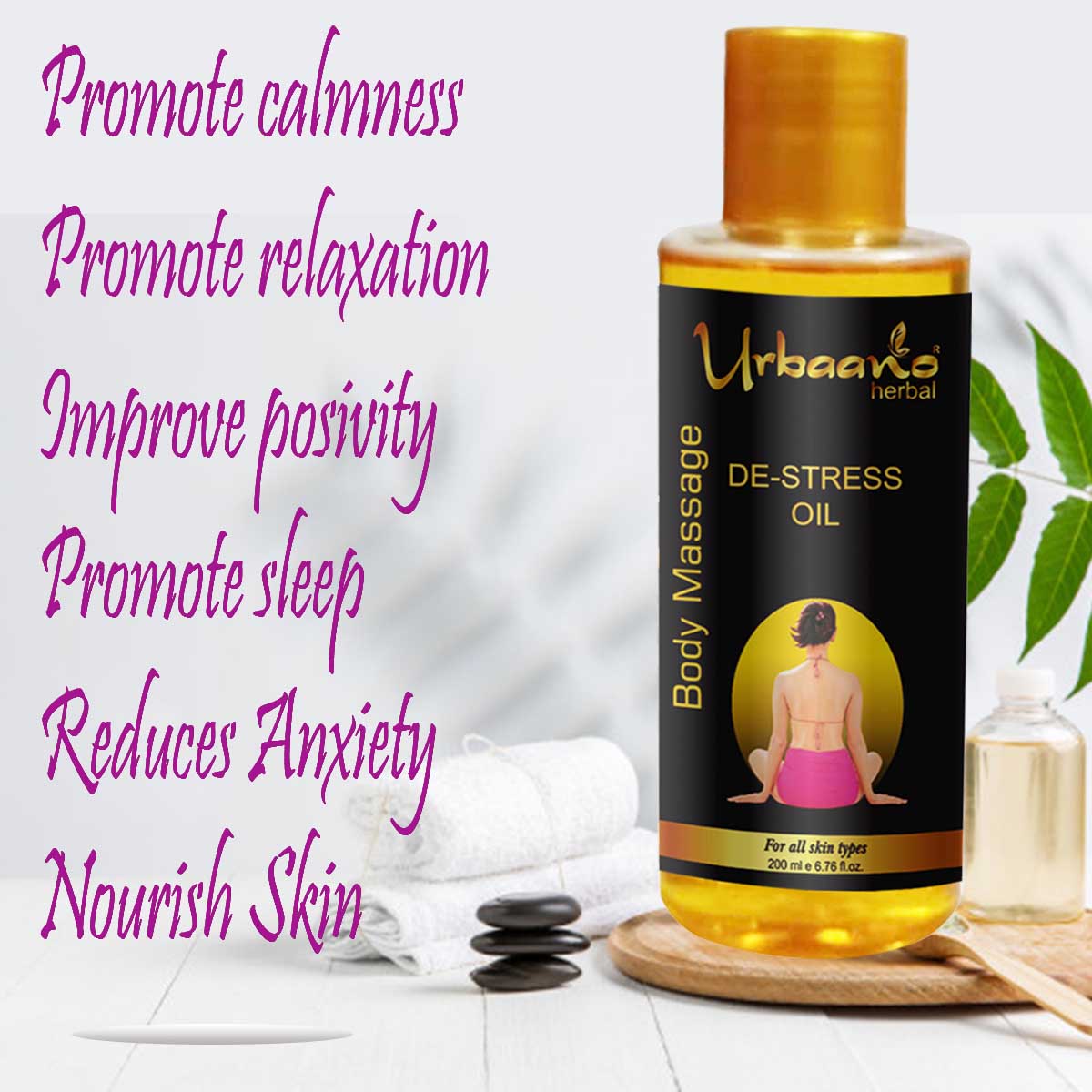 urbaano herbal de stress body massage oil promotes calmness, relaxation, positivity. reduces anxiety