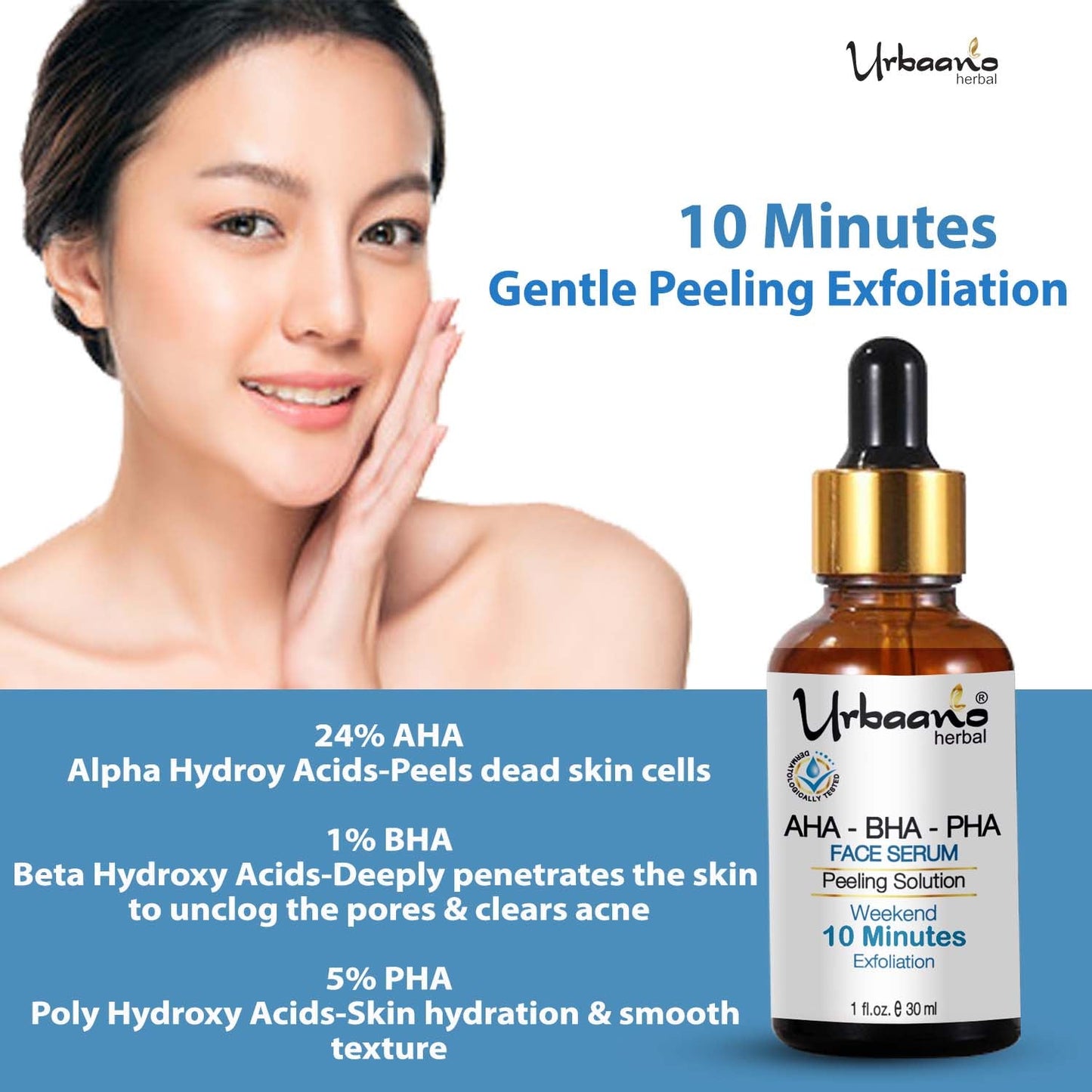 urbaano herbal aha serum combo infused with glycolic acid, lactic acid, 1% salicylic acid for skin lightening, reduce dark spot, tan , fine lines, acne. Just 10 minutes exfoliation