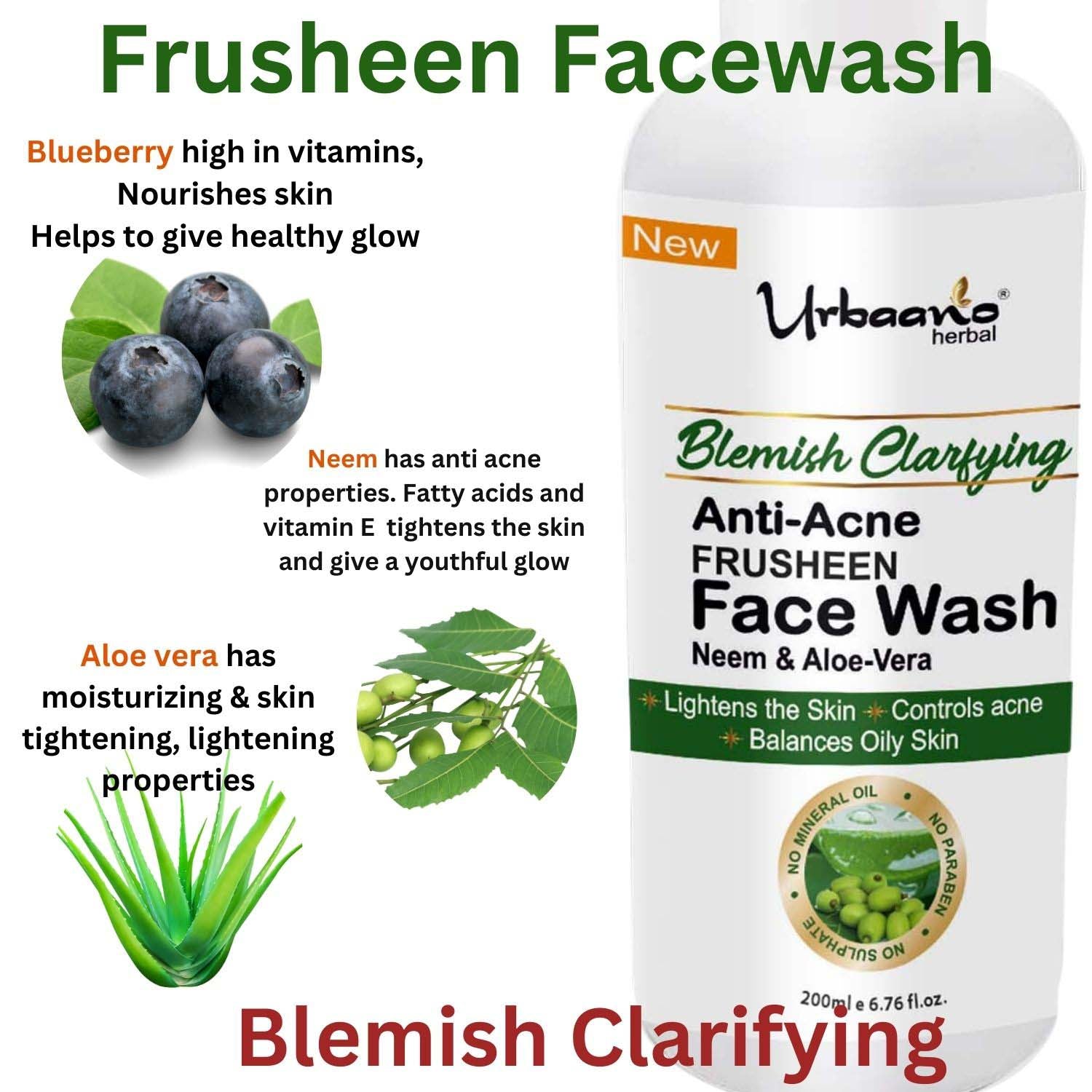 urbaano herbal frusheen sulphate free face wash anti acne infused with blueberry,aloe vera, neem for nourishing, firming, reduce dark , acne spot, tan, blemishes