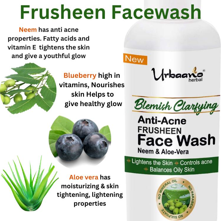 urbaano herbal frusheen sulphate free face wash anti acne infused with blueberry,aloe vera, neem for nourishing, firming, reduce dark , acne spot, tan, blemishes