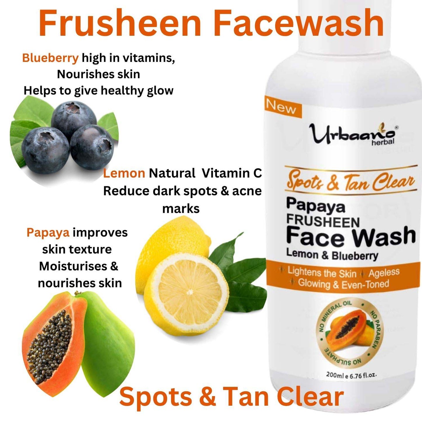 urbaano herbal frusheen face wash papaya for skin lightening, even tone, spot & tan clear with lemon & blueberry 