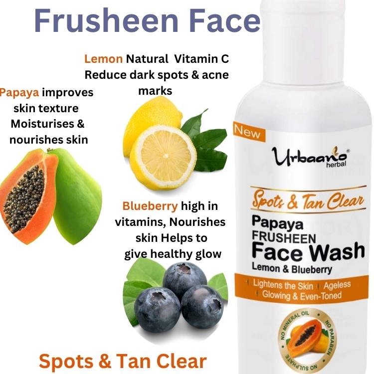 urbaano herbal frusheen face wash papaya for skin lightening, even tone, spot & tan clear with lemon & blueberry 