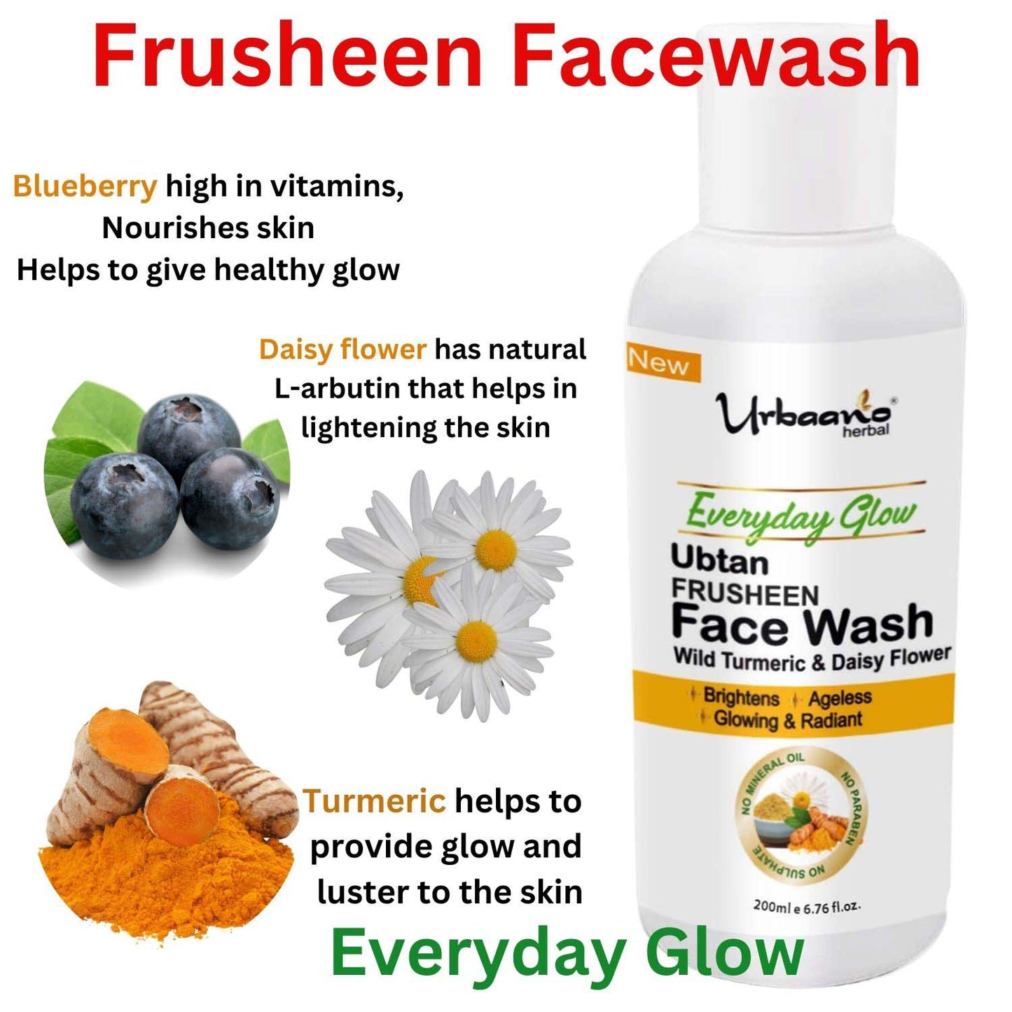 urbaano herbal frusheen sulphate free face wash ubtan infused with blueberry,daisy flower, wild turmeric, for skin lightening, reduce tan, fine lines, hydrates